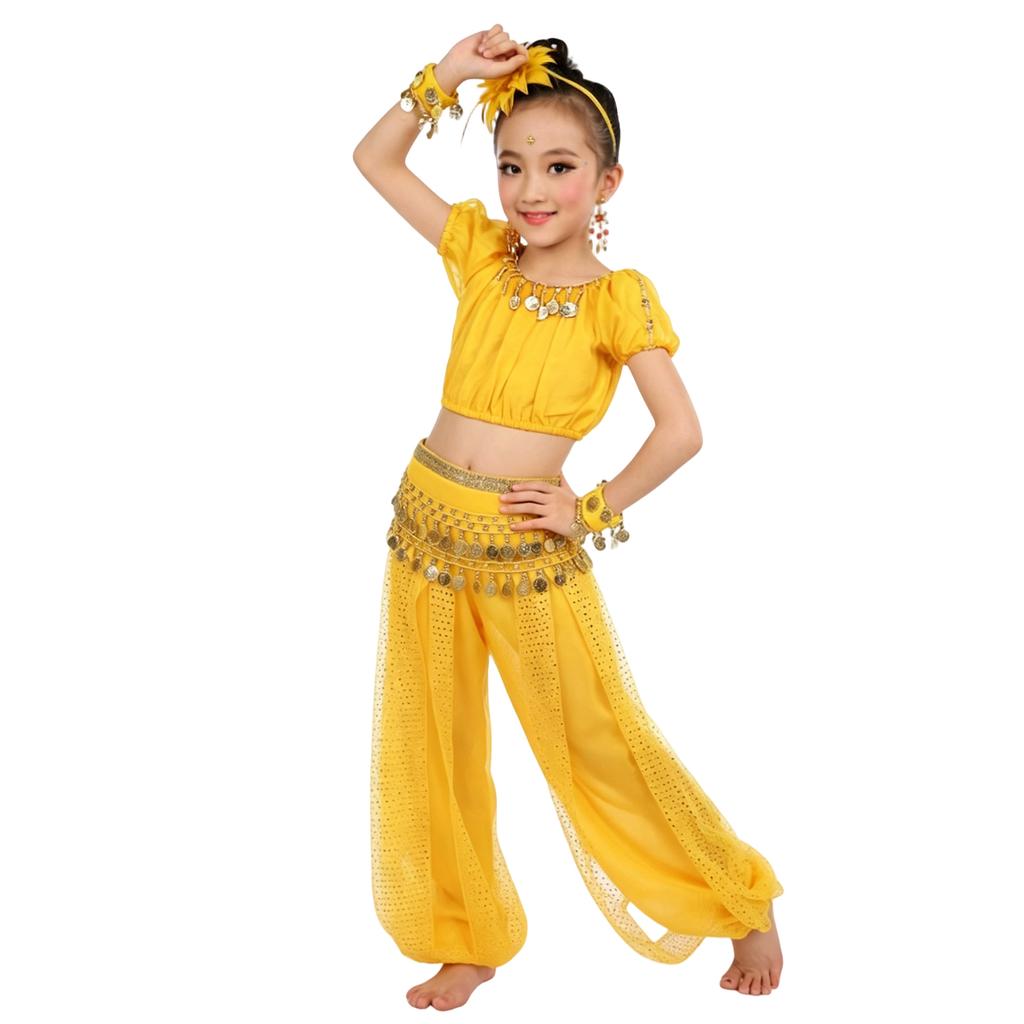 Children's Dance Costume Set Indian Style Belly Dance Outfit for Girls Includes Top Pants and Waist Chain Suitable for Performance and Practice