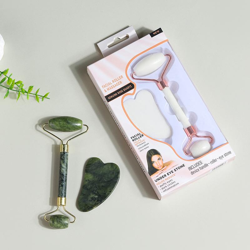 Heart-Shaped Rose Quartz Dual Roller & Massage Board Set - Non-Jade White Facial Tool