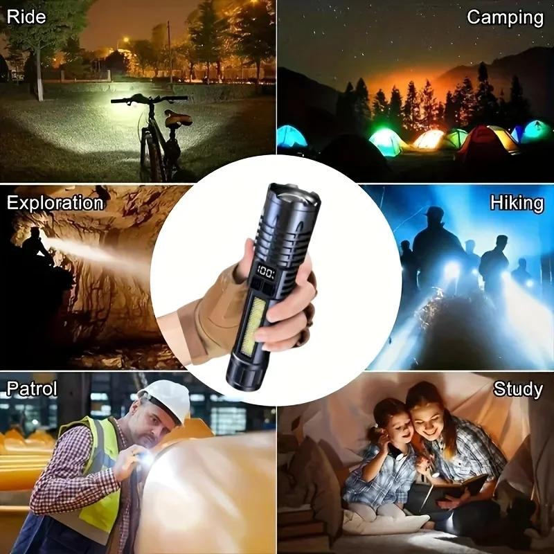Portable Zoom Torch High Power LED Flashlight Type-C Rechargeable Waterproof Light with COB Side Lamp for Outdoor Camping Hiking