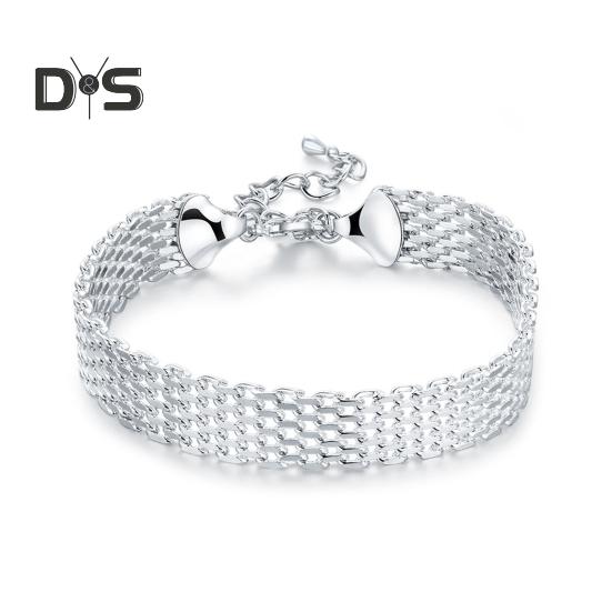 Women Bracelet Adjustable Braided Hollow Out Silver Color Polished Wide Couple Bangle Daily Wear Prom Wrist Jewelry Holiday Gift