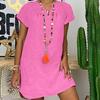 Women's Fashion Summer Loose Skirt Short Sleeve V-Neck Cotton Linen Dress