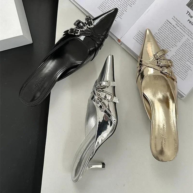 2025 Summer Pointed Toe Shoes Women Pumps Slipper Fashion Decoration Buckle Shallow Slip on Ladies Mules Shoe 4cm High Slides