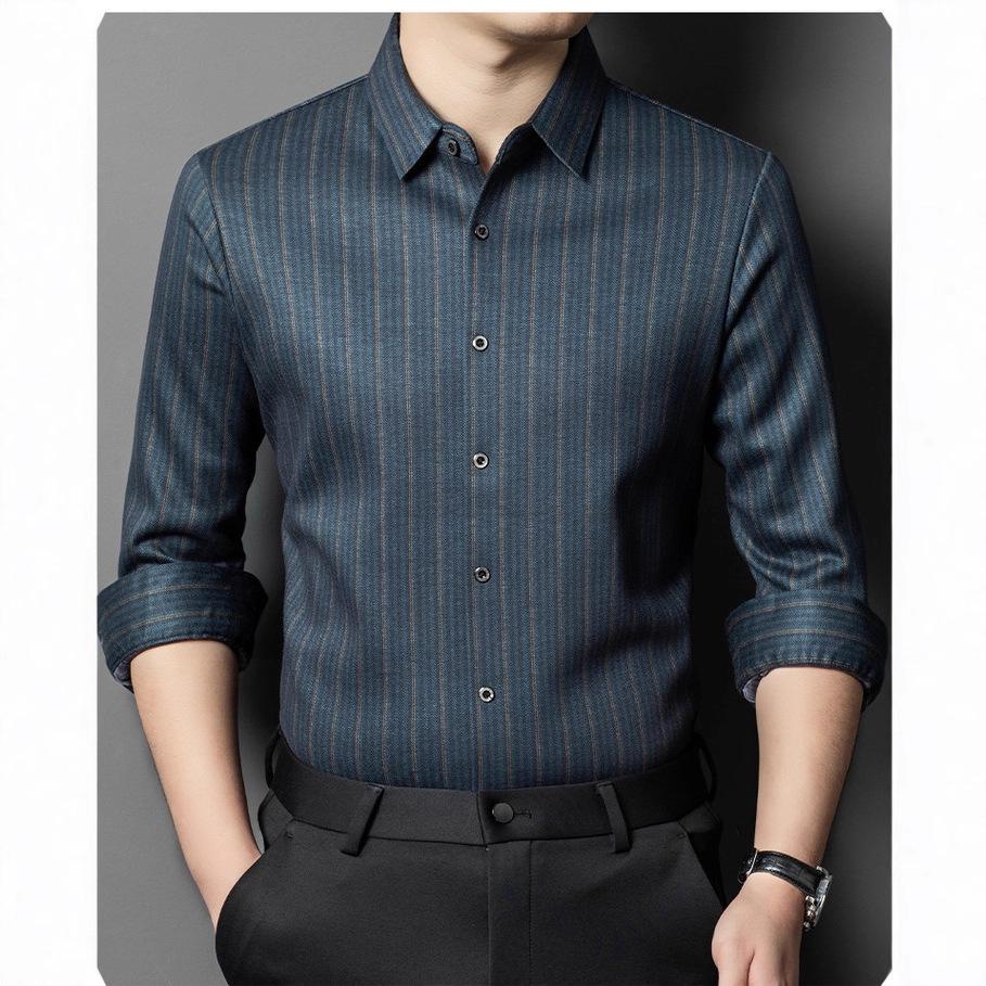Herren Luxus Gestreift Kaschmir Seide Langarm Business Casual Hemd