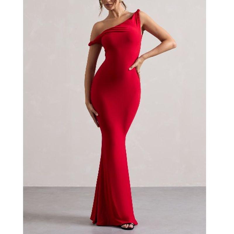 

Cross-Border European and American Fashion Sexy Word Collar Knot Slim fit Sheath Elegant Temperament Dress Evening dress Long dress Women Red L