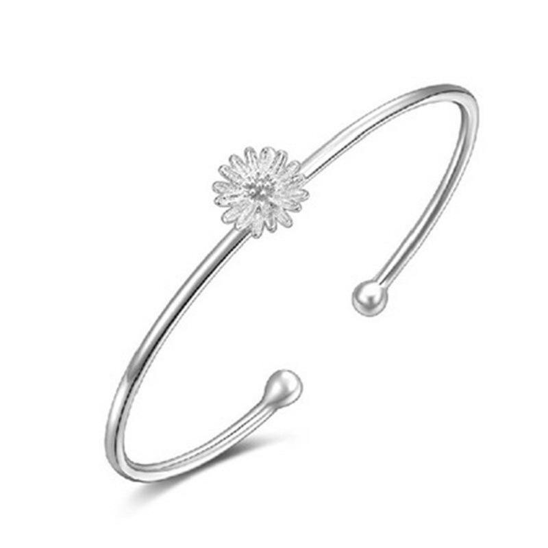 925 Sterling Silver Daisy Flower Cuff Bangle Bracelet Adjustable Open Hypoallergenic Fine Jewelry for Women Fashion Gift серебряный