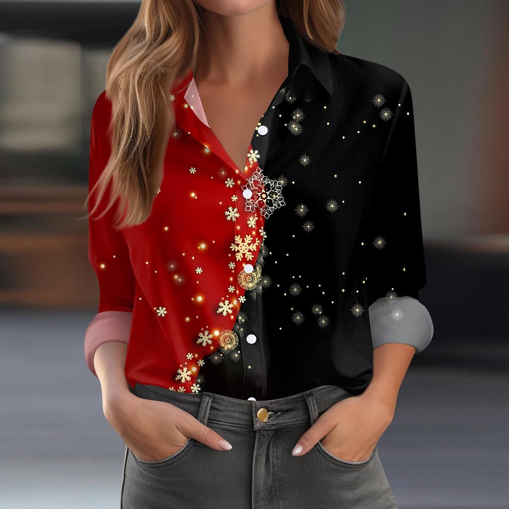 Skjortebluse for kvinner Juletrykkknapp Langermet Casual Basic skjortekrage Vanlig topp