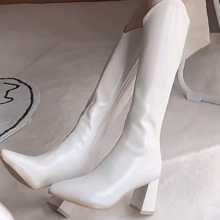 Recommended, skinny legs V-mouth medium boots women's 2024 autumn and winter pointed high-heeled thick-heeled leather boots medium tube side zipper