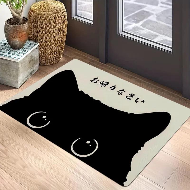 Black Cat Door Mat Non-Slip Entrance Way Mats Welcome Mats Rugs Washable Carpet Home Decoration For Indoor Outdoor