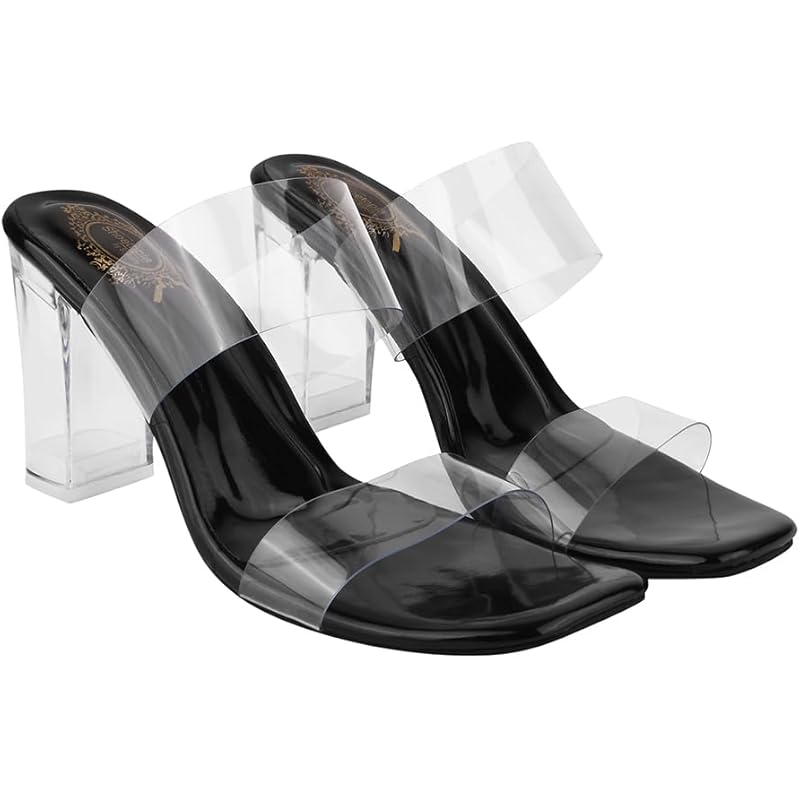 Shoetopia Stylish Trasparent Detailed Black Block Heels For Women & Girls /Eu39