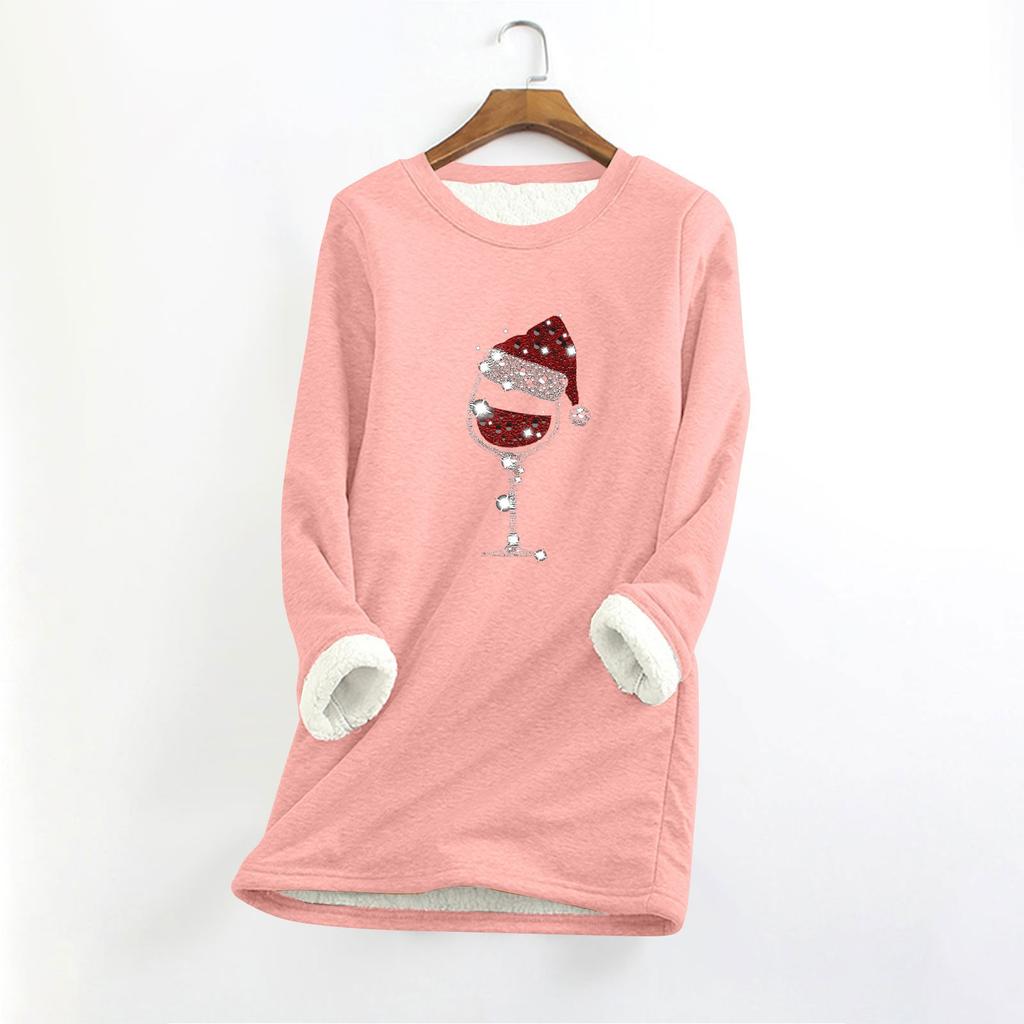 Top longo feminino com decote redondo e manga comprida, estampa de natal, grosso, pelúcia, cashmere, quente