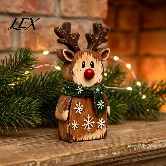 Vintage Santa Claus Elk Cat Figurines Christmas Wooden Tabletop Figurine, Hand Painted Reindeer Decor, Rustic Tiered Tray Display Accents Wood Holiday