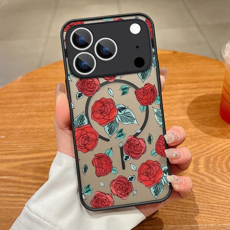 Translucent Matte Magnetic Case For iPhone 17 16 15 Pro 14 13 Pro Max 16e 17e For Magsafe Cartoon Flower Hard PC Phone Cover