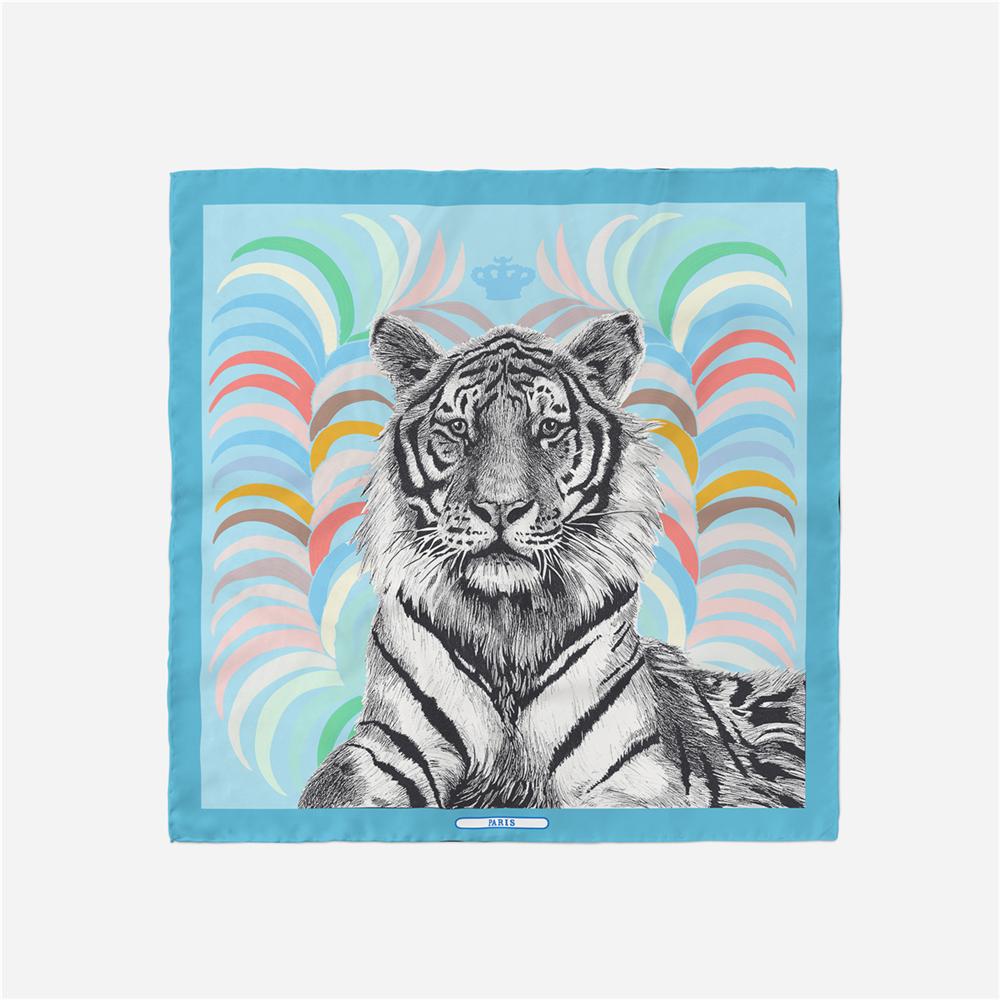 Twill Silk Scarf Women Indian Tiger Print Square Scarves Wraps Bandana Small Hijabs Silk Foulards Tie Headband Neckerchief 53CM