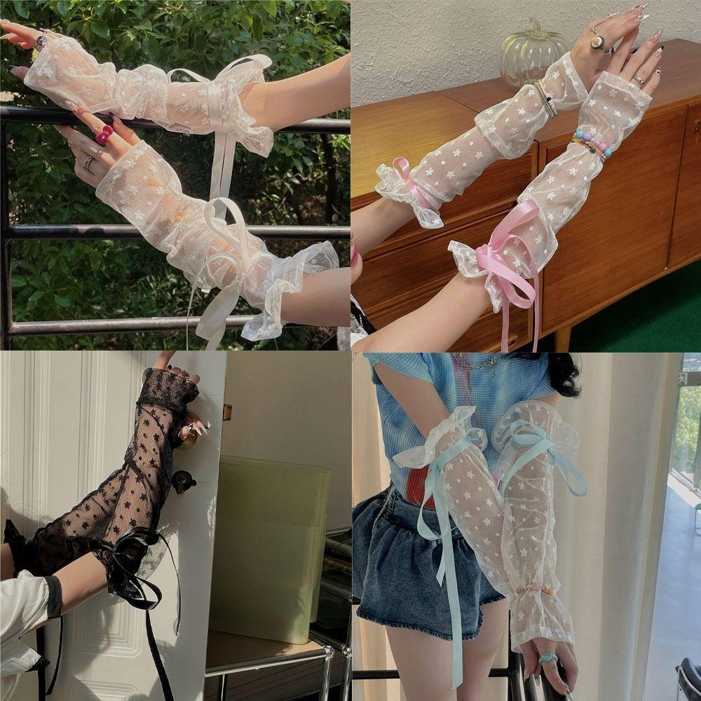 Gloves Lolita Bow Balletcore Ice Silk Sleeves Sunscreen Sleeve Lace Arm Warmers Long Sleeve Glove