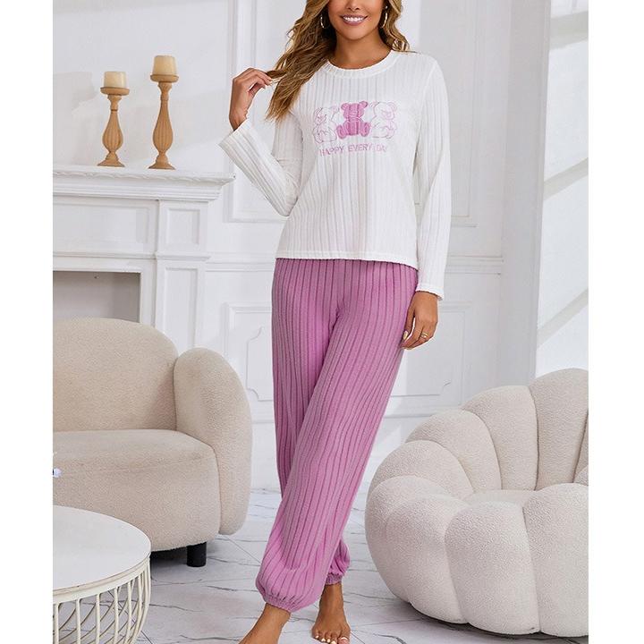 

spring autumn Women Sleepwear Long Sleeve cartoon bear Tops and Long Pants pyjamas 2 Piece Set Pajamas Set Casual Homewear Loungewear XL фиолетовый