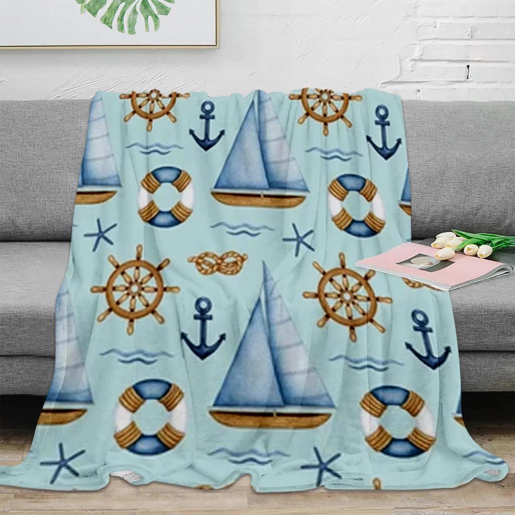 Nautical Blue Anchor Rudder Boat Fish Lighthouse Flannel Blanket Travel Picnic Blanket Portable Soft Bedspread Blankets for Beds