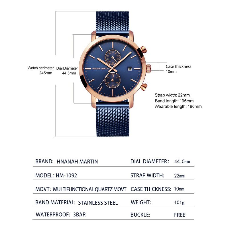 Schwarz Multifunktions Chronograph Mesh Band Wasserdicht Männer Große Zifferblatt Top Marke Luxus Uhr Männer Mode Uhren