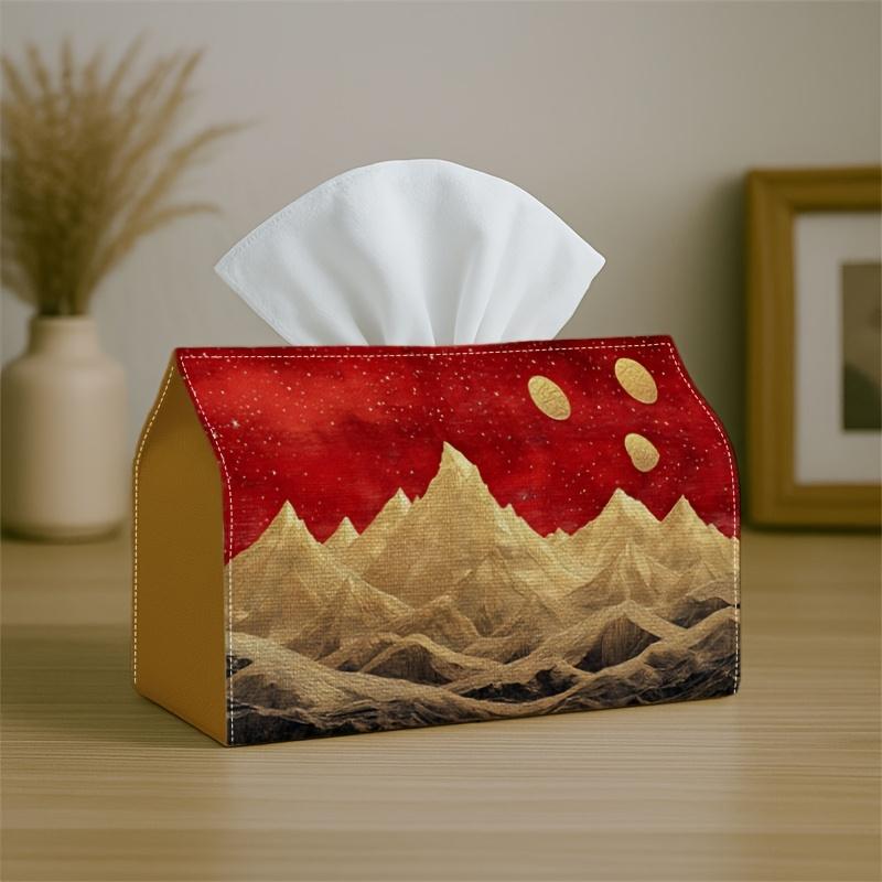 1pc Luxury Abstract Golden Mountain Tissue Box Cover,Red Sky Moon Metallic High-Quality,Durable,Lightweight,Foldable Storage,Ideal for Living Room and
