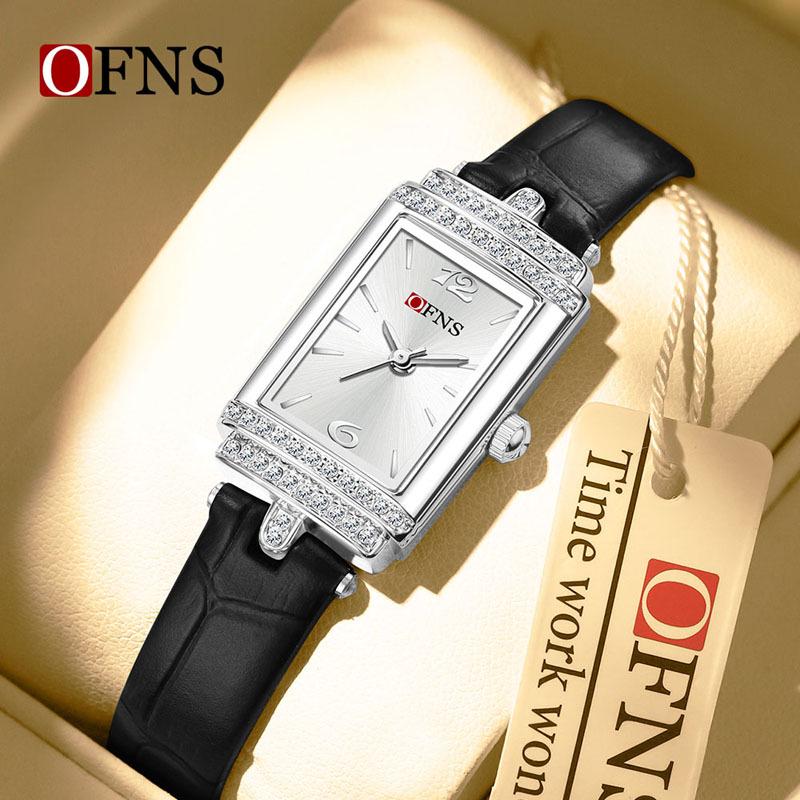 OFNS Women's Luxury Square Leather Strap Watch - Waterproof Quartz with Diamond Detailing