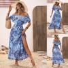 Women's Summer Maxi Dress One Shoulder Collar Sleeveless Printed Long Dress Loose High Waist Belt Slit Ankle-Length Dresses