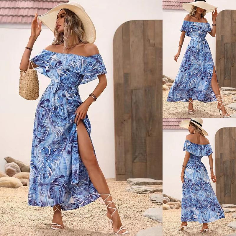 Women's Summer Maxi Dress One Shoulder Collar Sleeveless Printed Long Dress Loose High Waist Belt Slit Ankle-Length Dresses