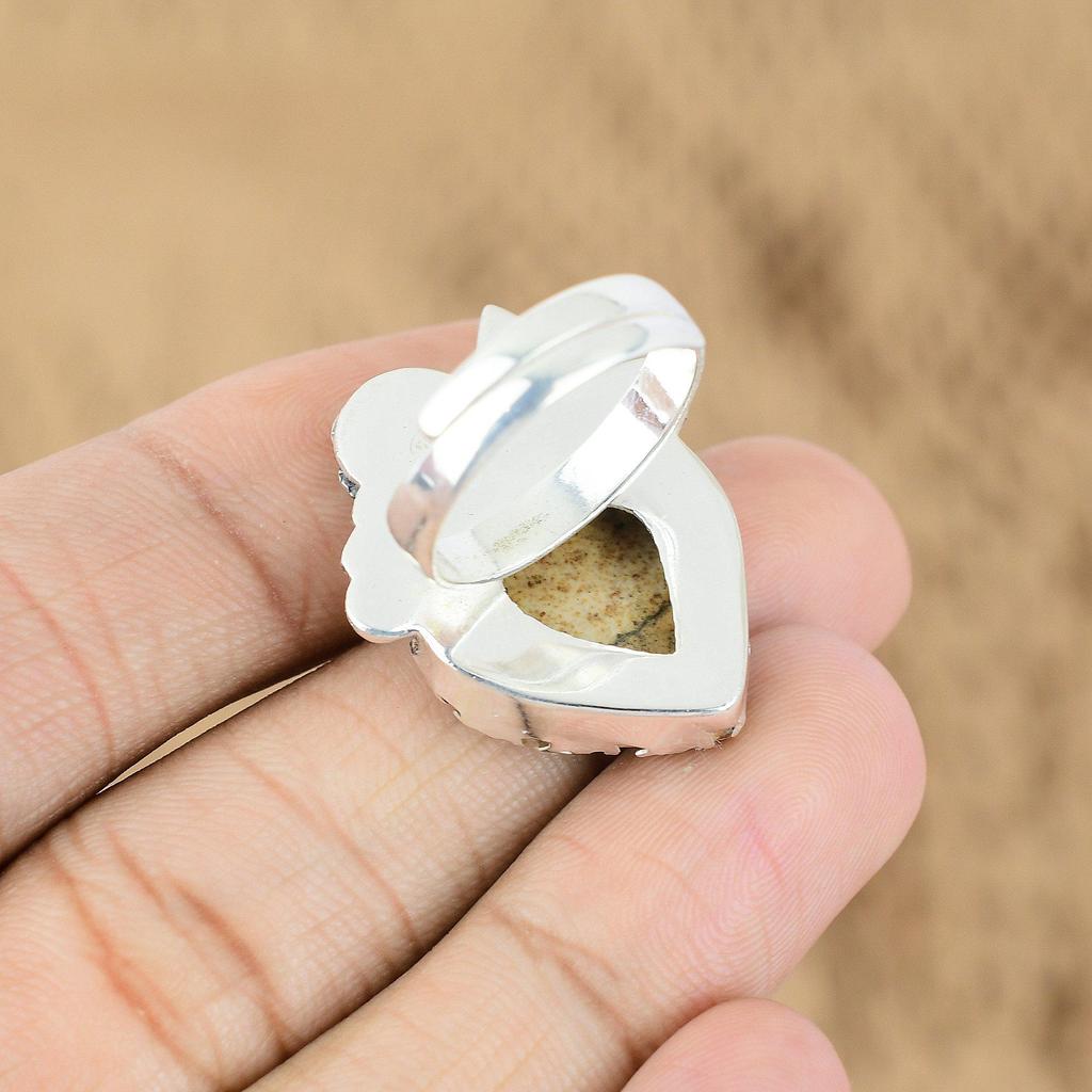 Picture Jasper Stone Sterling Silver Statement Wife Flower Promise Ring Jewelry