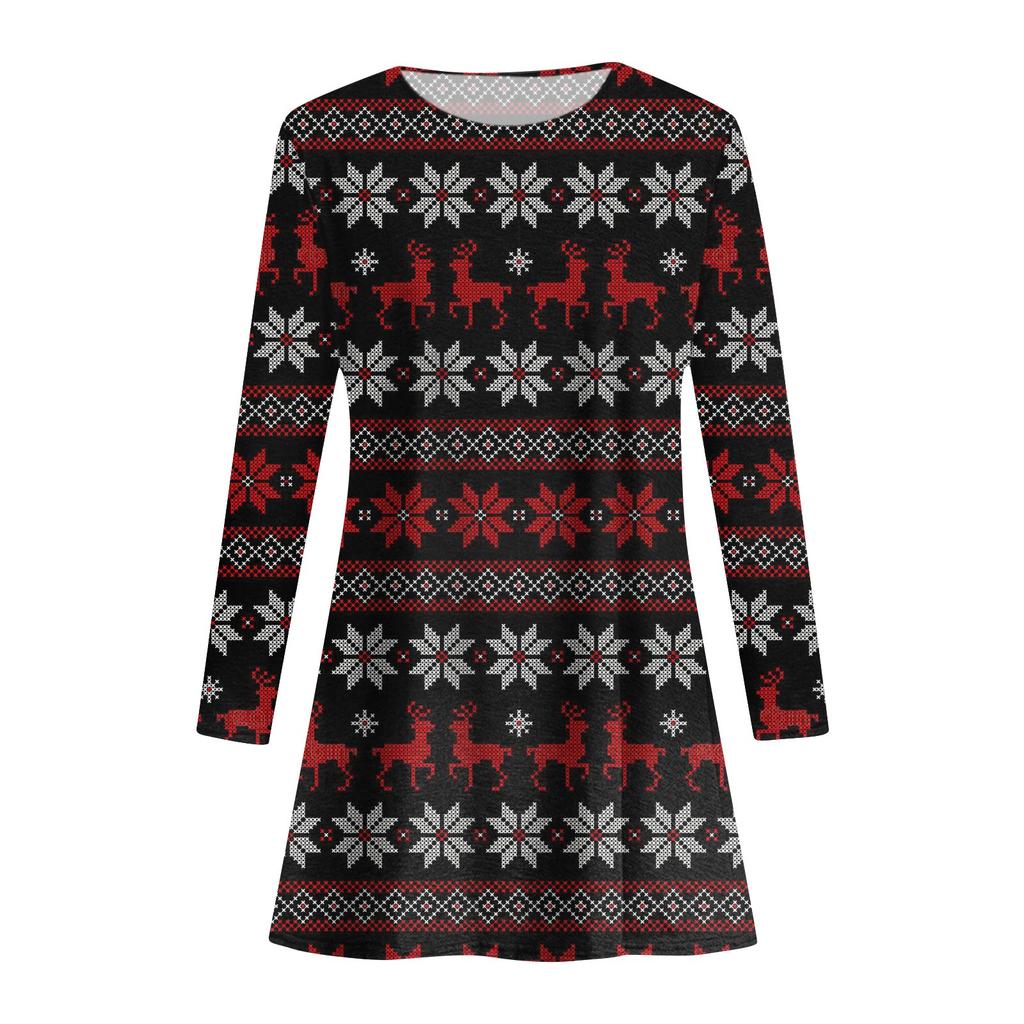 Women's  And Winter Round Neck Long Sleeve Christmas Print Dress