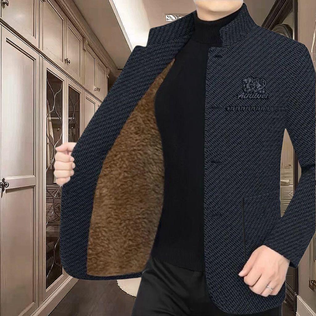 Men's Mid-aged Stand Collar Plush Woolen Jacket - Thickened, Casual, Versatile Coat