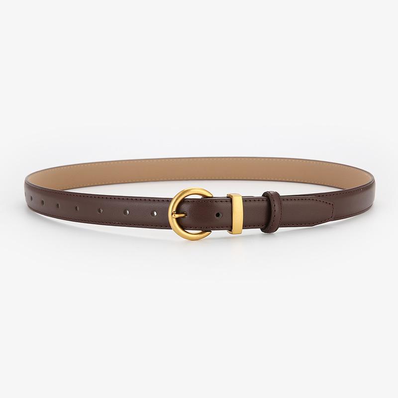 Women s Genuine Leather Double-Sided Bronze Buckle Belt - Retro Thin Waist Cowhide Belt 105cm