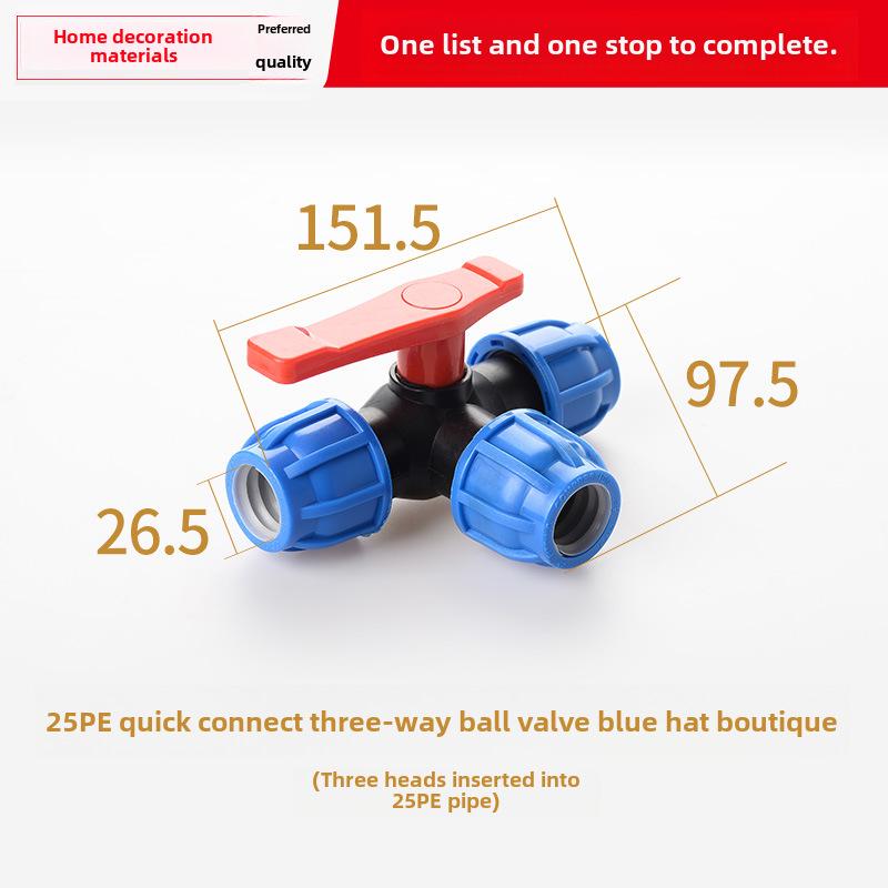 PE Kulventil Snabbkoppling Trefördelningsrörkoppling för Kranvatten, Kompatibel med 20, 25 och 32 Rör.