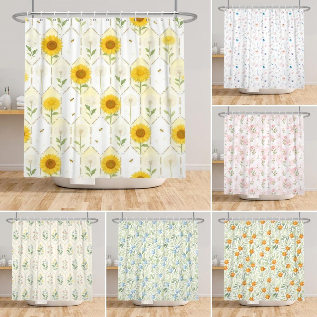 Yellow Sunflower Shower Curtain Spring Floral Bathroom Decor Hanging Curtains Fresh Floral Plant Patterns Waterproof Curtain