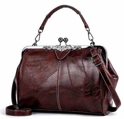 ZAZALAND 3-Way Leather Gamaguchi Bag, Shoulder Bag, Crossbody Bag, Tote Bag, Retro Antique Style (Dark Brown)