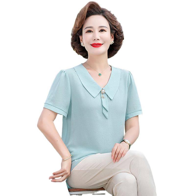 Mom's Stylish Summer Chiffon Two-Piece Set: Short Sleeve T-shirt & Small Top for Middle-Aged Women