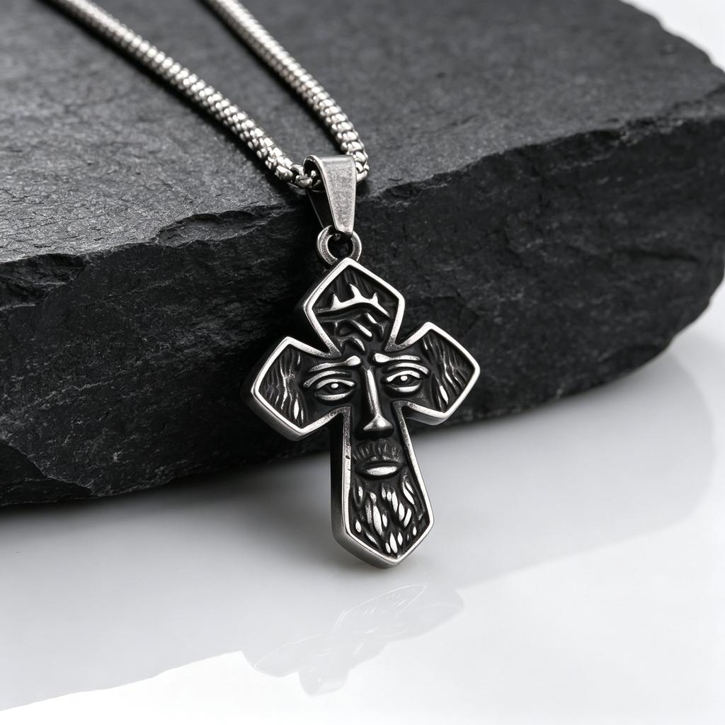 Jesus Face Cross Necklace for Men,Stainless Steel Christian Religious Pendant with Box Chain,Vintage Faith Hip‑Hop Jewelry Gift