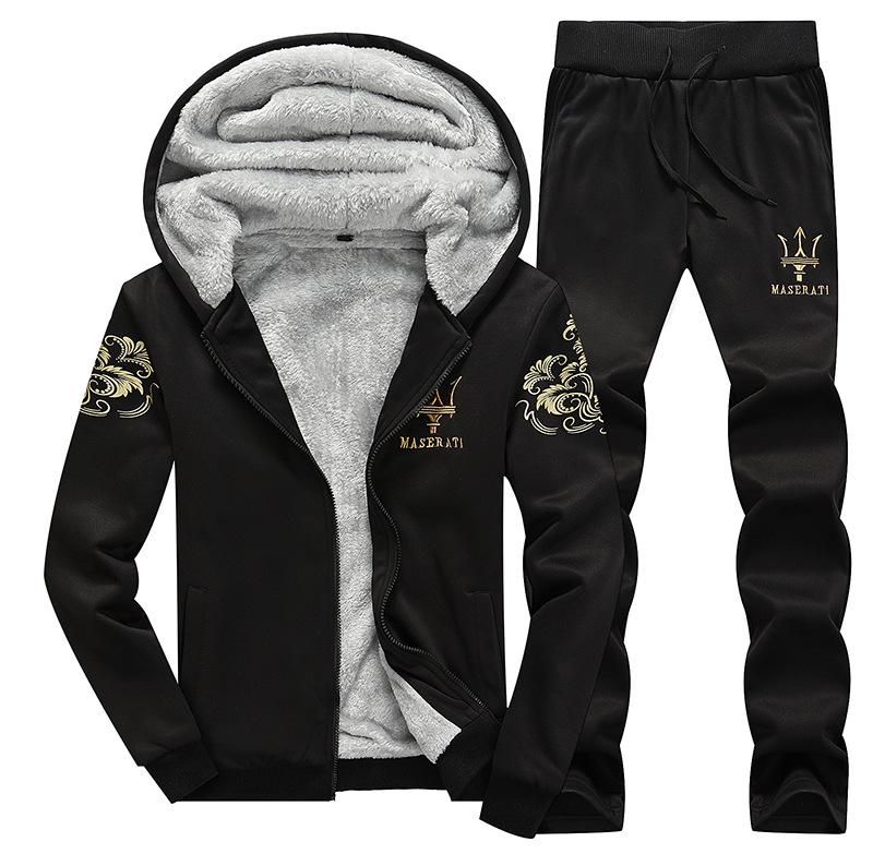 Men's Winter Sportswear Set: Hooded Sweater & Thick Velvet Jacket, Long-Sleeved, Large Sizes Available