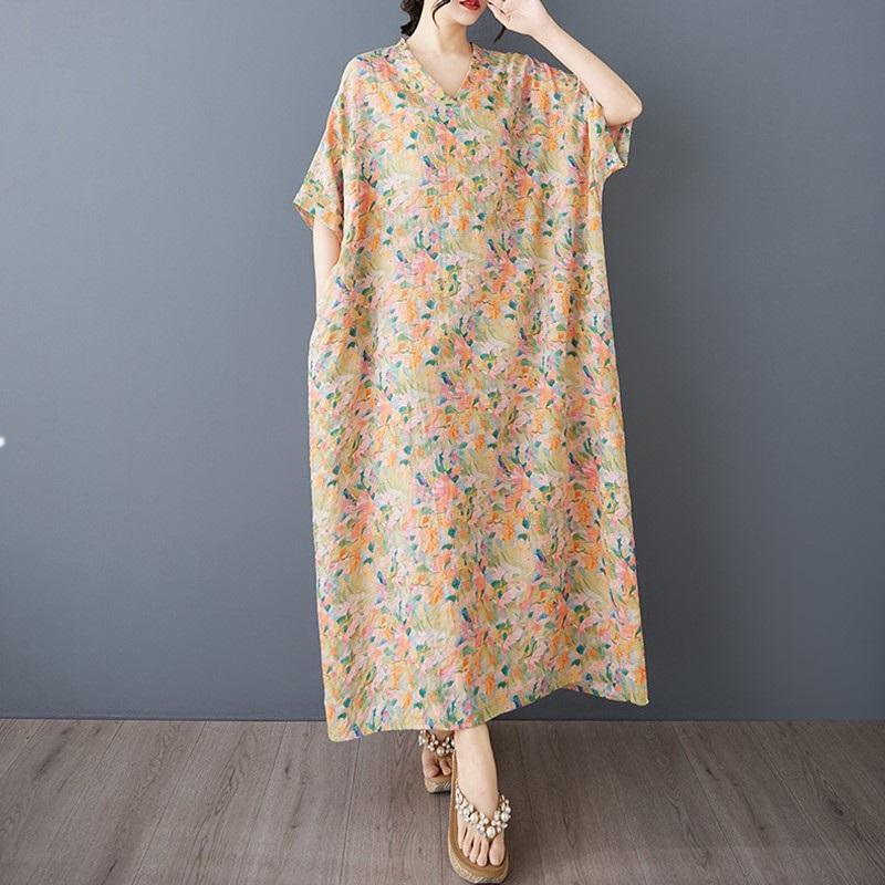 Krátký rukáv Nadměrná velikost Bavlna vintage květinové novinky v šatech pro ženy ležérní volné Maxi dlouhé letní šaty