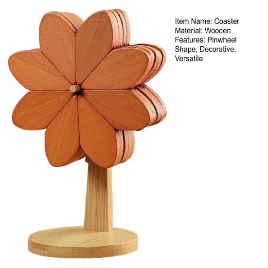 5Pcs/Set Wooden Coasters Set with Stand Pinwheel Shape Changeable Design Heat-resistant Coasters Kitchen Dining Decor