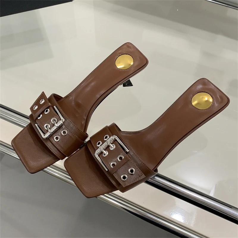 Design Buckle Strap Square Toe Women Slippers Fashion Low Heels Party Slide Shoes Summer Sandals Zapatos De Mujer