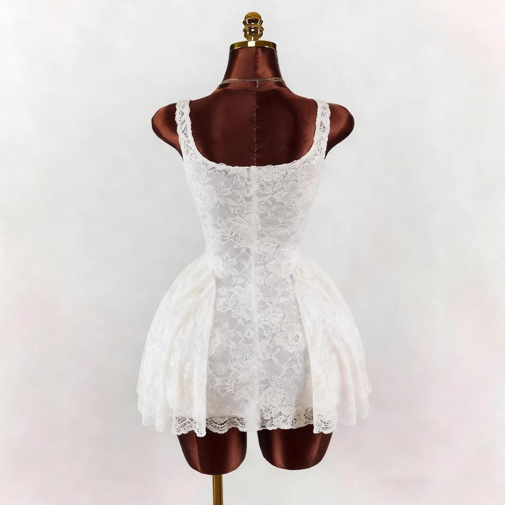 European and American new women's white lace dress square collar broadband waist bud puffy skirt