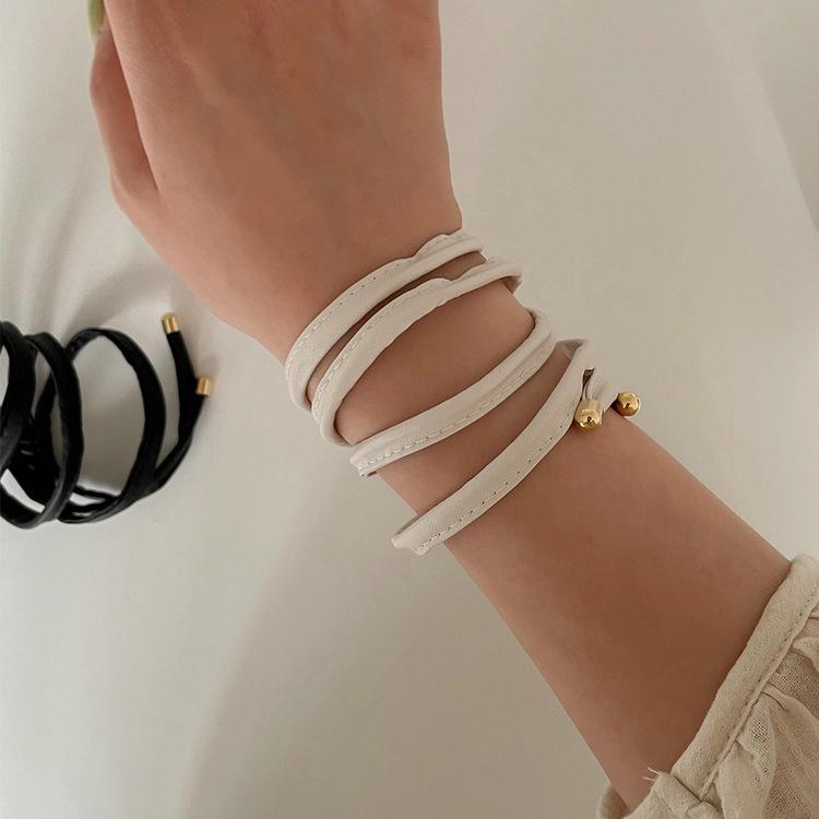 Japanese Style PU Leather Hair Tie Scrunchie with Shapeable Ribbon, Available In Three Colors