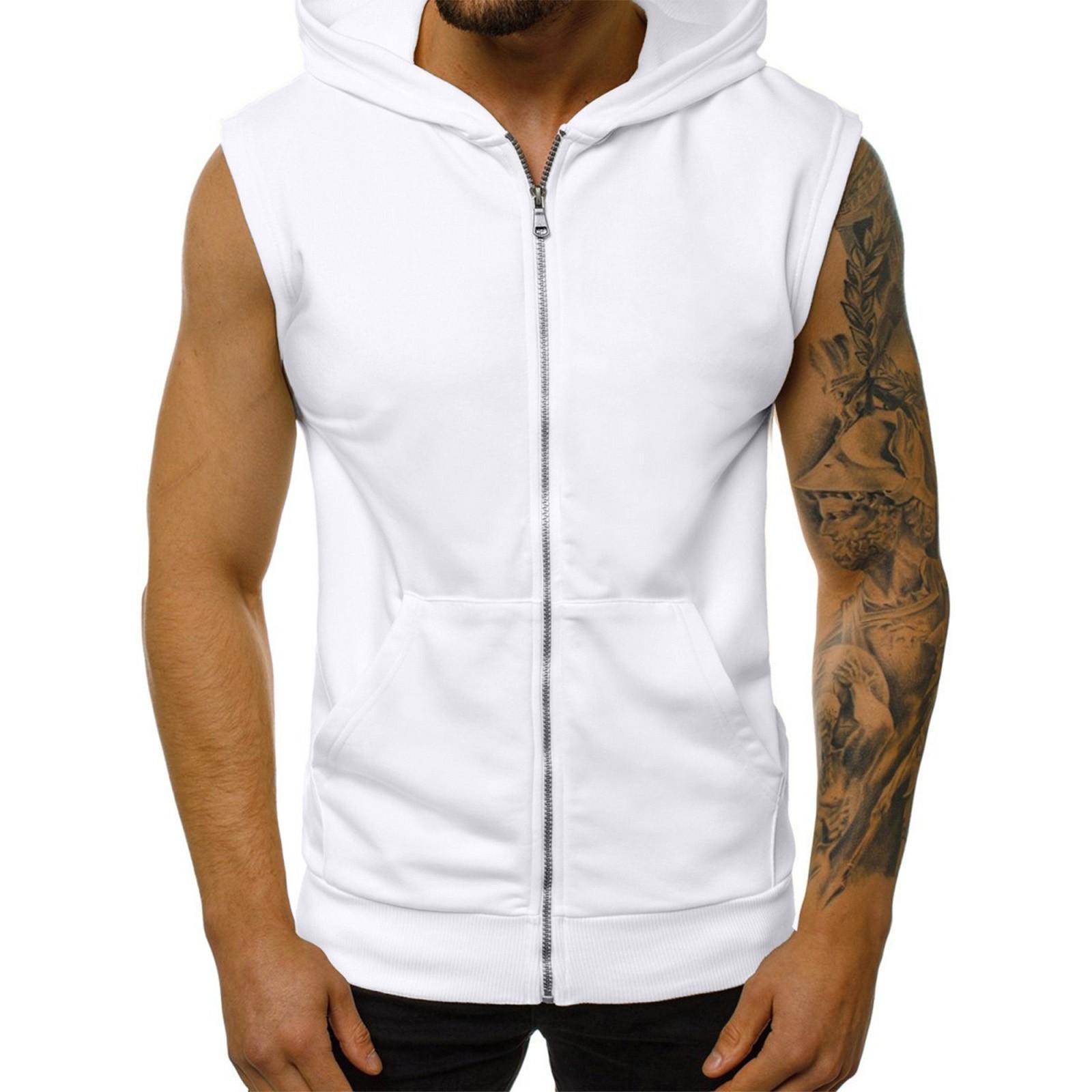 

Мужские майки на молнии для тренировок с капюшоном и карманами, бодибилдинг, футболка без рукавов с мышцами, толстовки для фитнеса и тренировок L белый