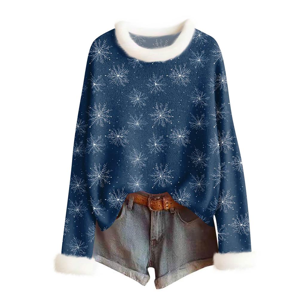 Women's Fashionable Christmas Printed Wool Collar Sweater Casual Long Sleeved Knitted Pullover Top