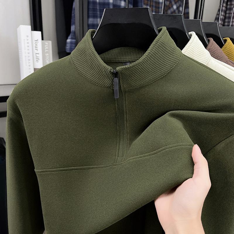 Men's Double-Sided German Fleece Half-Zip Hoodie - Stand Collar, Warm Base Layer for Autumn/Winter, Simple Casual Fashion.