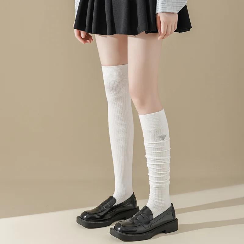 Cartoon Embroidery Women Stockings JK Girls Cotton Long Socks Thigh High Stockings Japanese Style Black White Knee High Socks