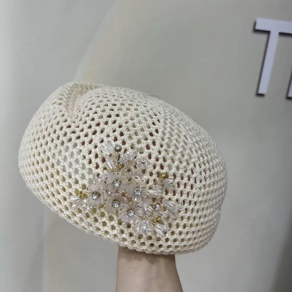 French Floral Painter hat Korean Women Knit Fabric Cap Chic Hollow Out Beret Summer