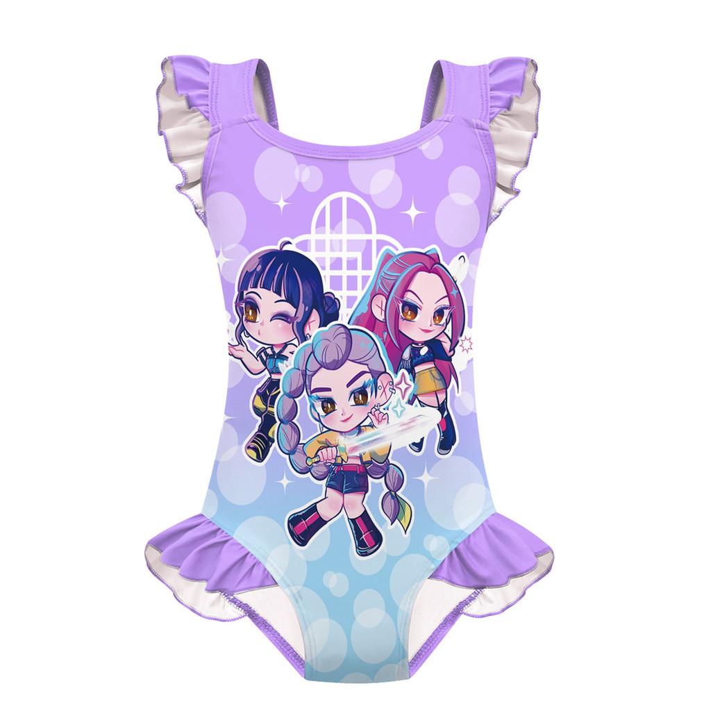 Unique Apparel Kinderen Meisjes Anime Cartoon K-Pop Rumi Zoey Mira Print Ruche Mouwloos Eendelig Badpak Badkleding 120cm