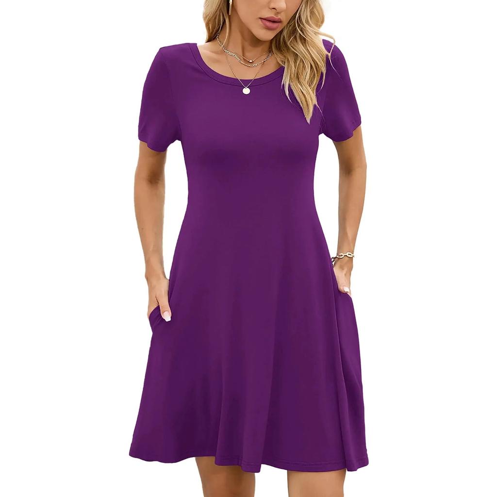 Dámské módní jarní a letní šaty s kulatým výstřihem, jednobarevné, s krátkým rukávem, áčkového střihu