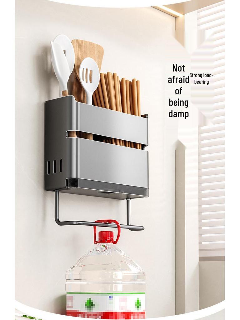Wall-Mounted Kitchen Chopsticks & Utensil Holder with Draining Basket and Rag Rack