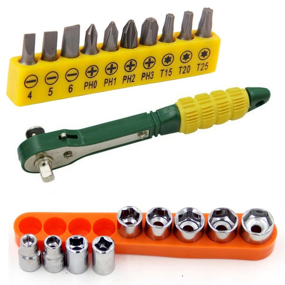 Portable Ratchet Wrench Tool Set 14 Inch with 10 Bits and 9 Sockets