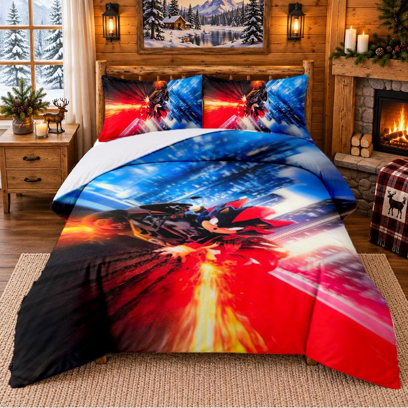 Shadow the Hedgehog Pattern Bedding 3Pcs Set Bed Sheet And Pillowcases For Indoor Bedroom